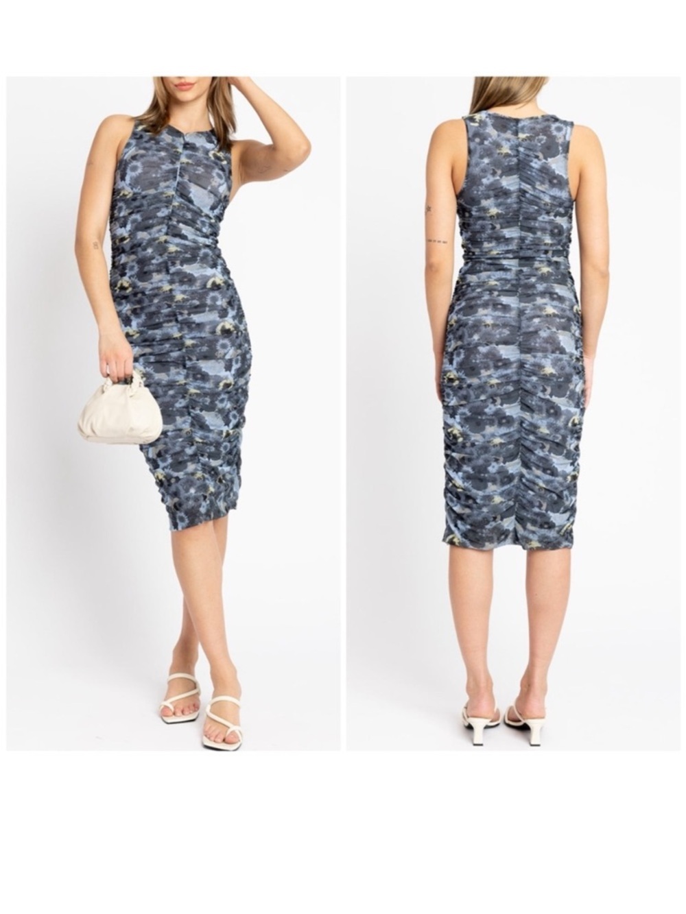 GANNI Printed Mesh Ruched Sleeveless Midi Dress In Blue Size 34